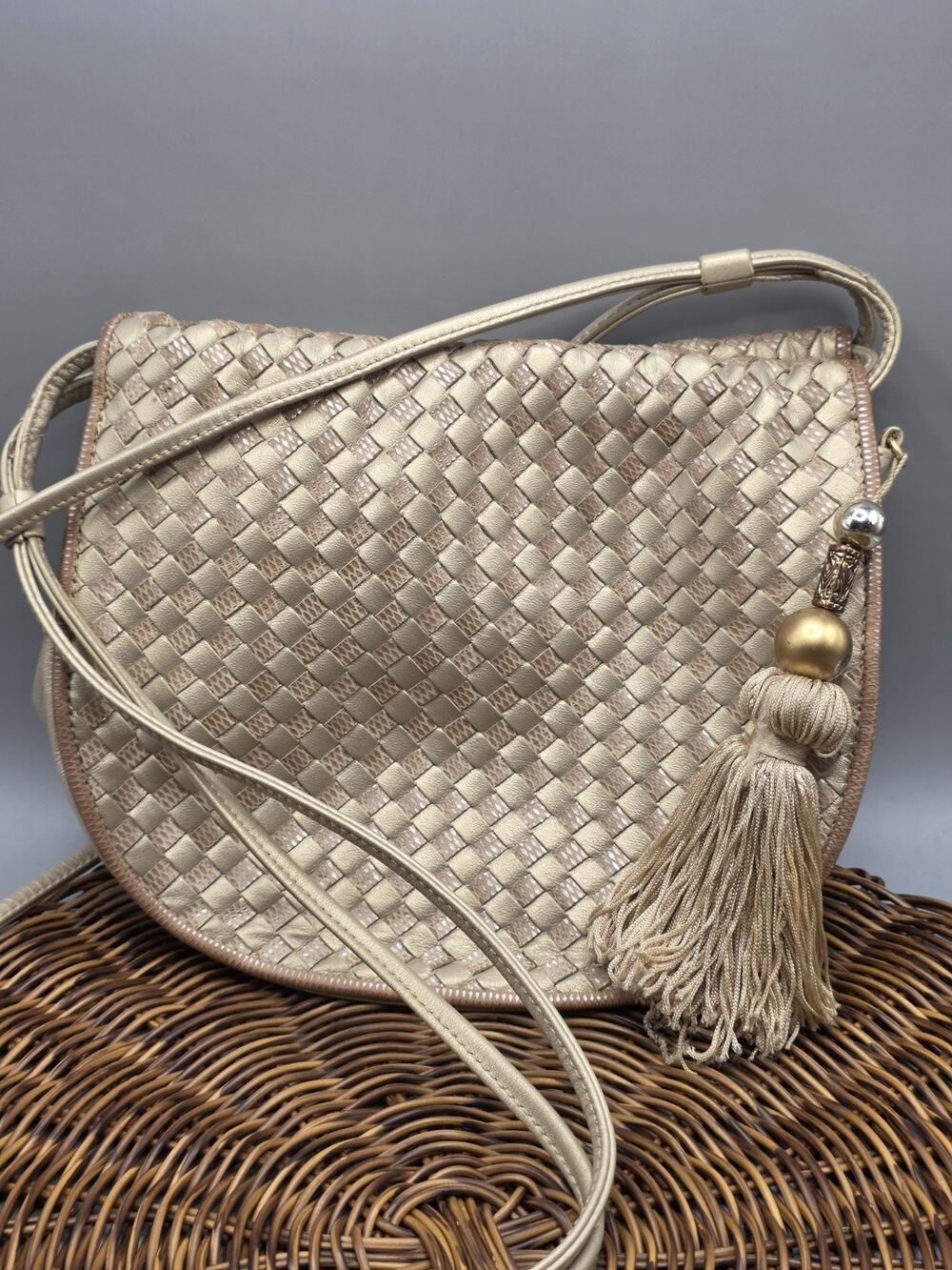 Ganson San Francisco Gold Woven Leather Crossbody Bag w/Tassel 80's